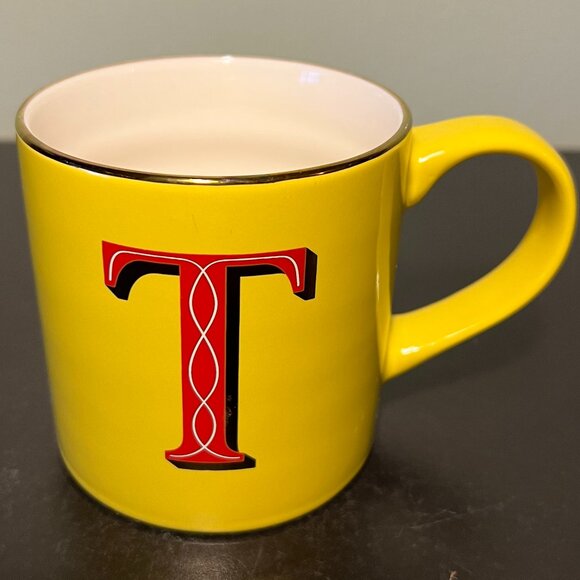 Opalhouse Letter T Monogram Initial Yellow Stoneware Mug ~ Metallic Gold Trim - Picture 2 of 7